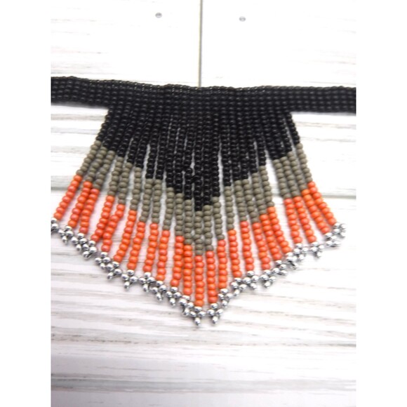 Loom Beaded Choker Necklace w/ Fringe Black - Picture 3 of 4